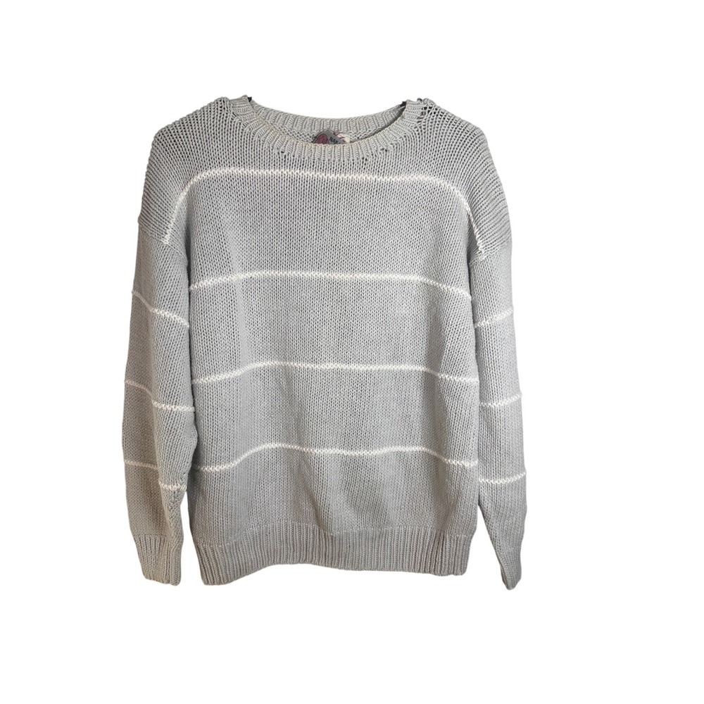 Naf Naf Vintage‎ Gray Striped 100% Cotton Chunky Knit Crewneck Sweater Peru